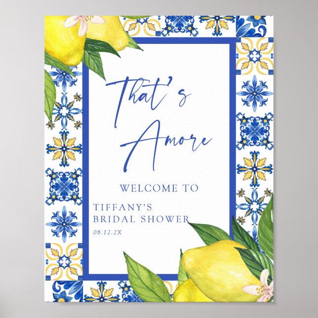 Thats Amore Blue Tiles Lemons Bridal Shower Sign (Front)