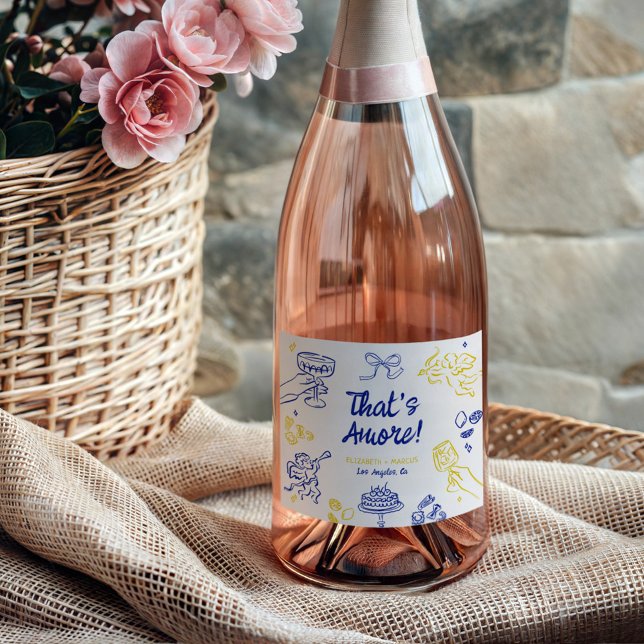That's Amore! Blue & Yellow Italian Engagement Sparkling Wine Label (Creator Uploaded)