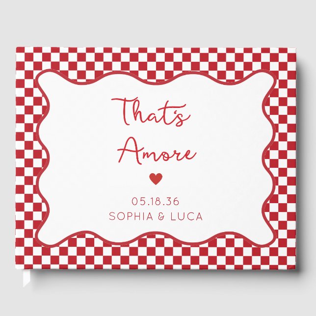 "That's Amore" Chic Red Checkered Italian Wedding Guest Book (Front)