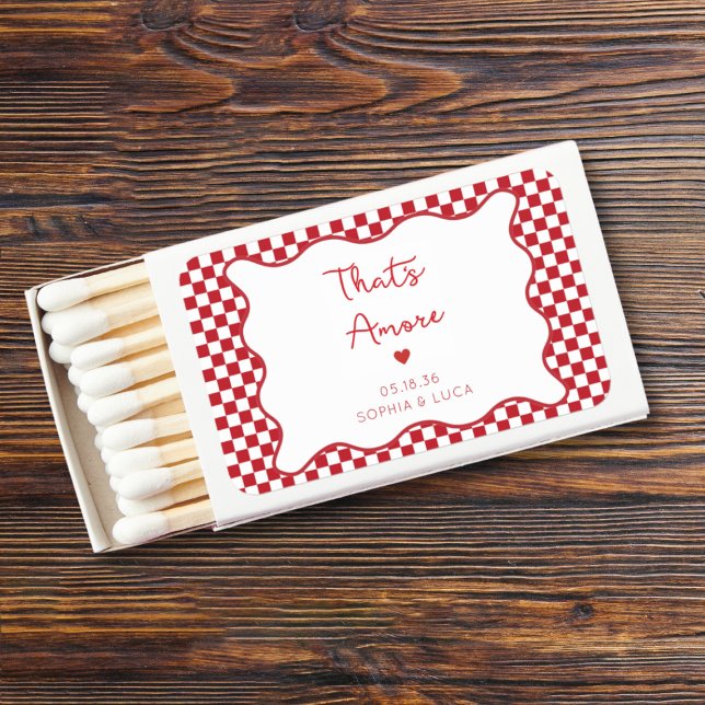 "That's Amore" Chic Red Checkered Italian Wedding Matchboxes (Add a touch of vintage charm to your special day with this ‘That’s Amore’ matchbox design.)