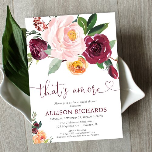 Thats Amore fall floral burgundy bridal shower Invitation