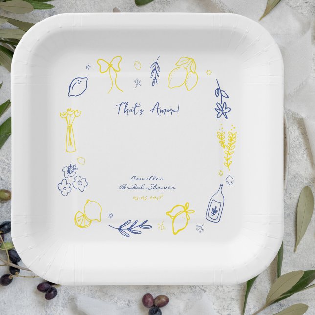 Thats Amore Hand Drawn Italian Lemon Bridal Shower Paper Plates (Creator Uploaded)