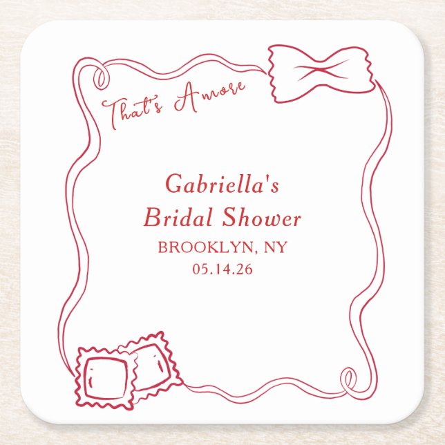 That's Amore Hand Drawn Pasta Italy Bridal Shower Square Paper Coaster (Front)