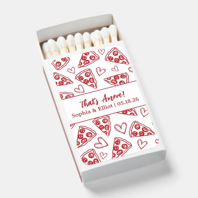 That's Amore Hand Drawn Pizza Party Chic Wedding Matchboxes (Front Open)
