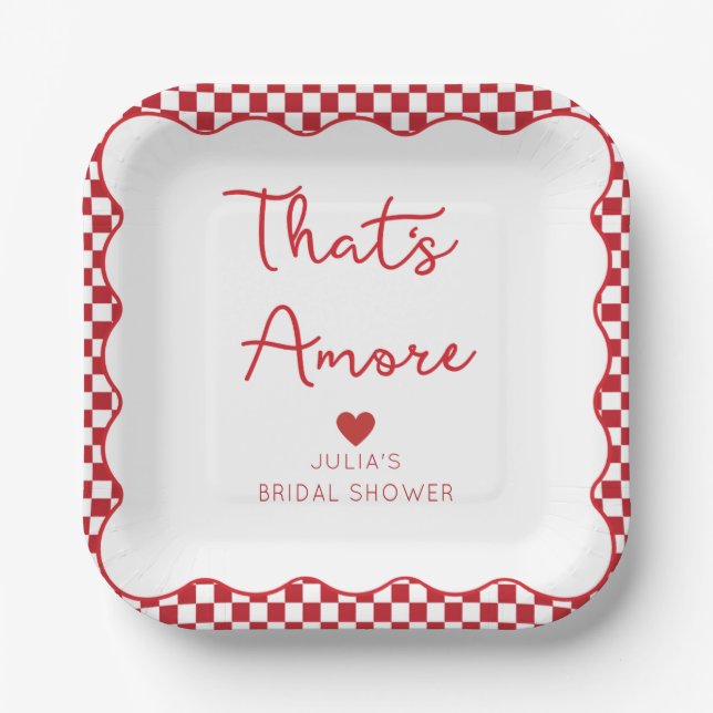 "That's Amore" Italian Bridal Shower Red Checkered Paper Plates (Front)