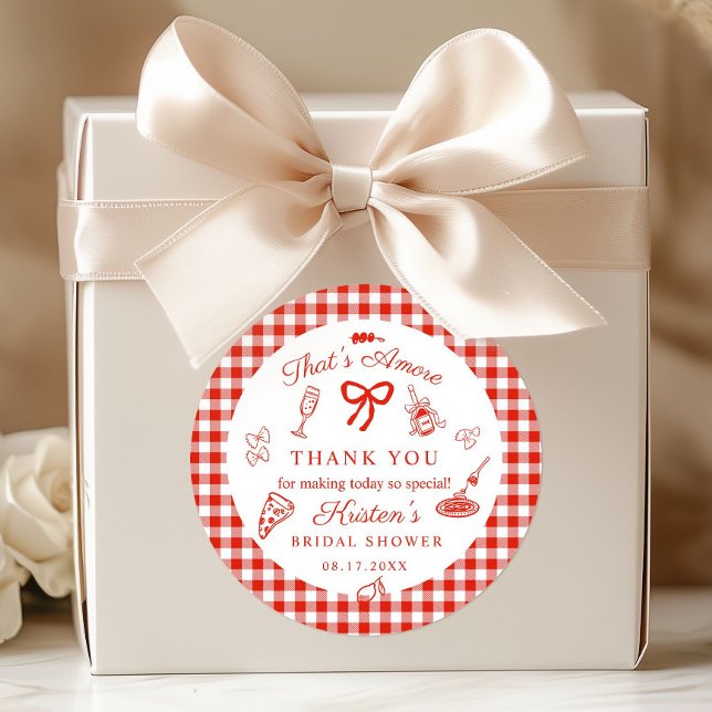 That's Amore Italian Bridal Shower Thank you Classic Round Sticker (That's amore Italian Food bridal shower thank you tag red gingham)