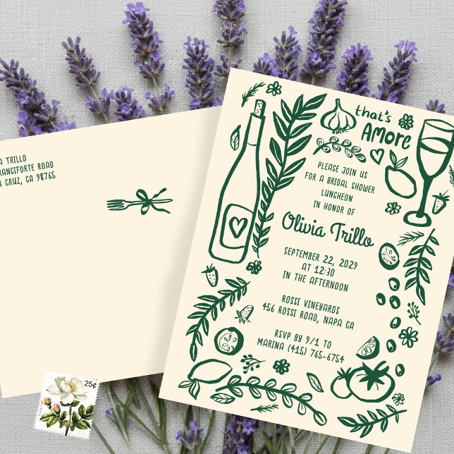 That's Amore Italian Food CUSTOM Bridal Shower  Postcard (That's Amore Italian Food Hand-drawn Doodle CUSTOM Bridal Shower Postcard Inviation
)