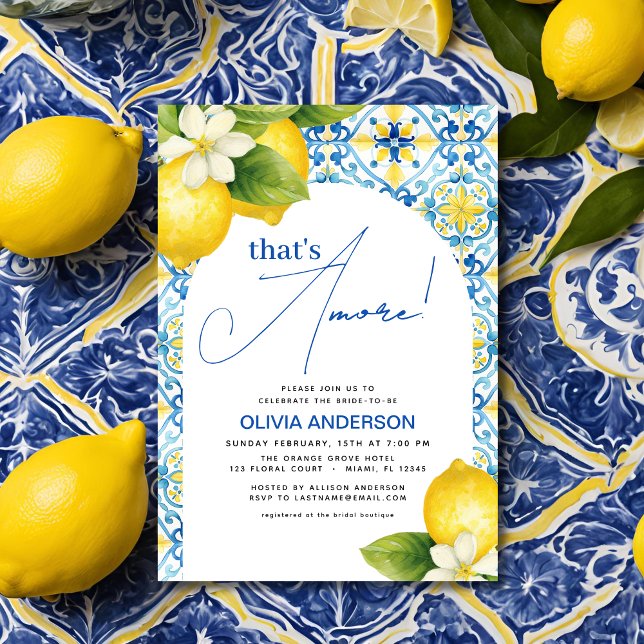 That's Amore Italian Lemon Blue Tile Bridal Shower Invitation (Creator Uploaded)