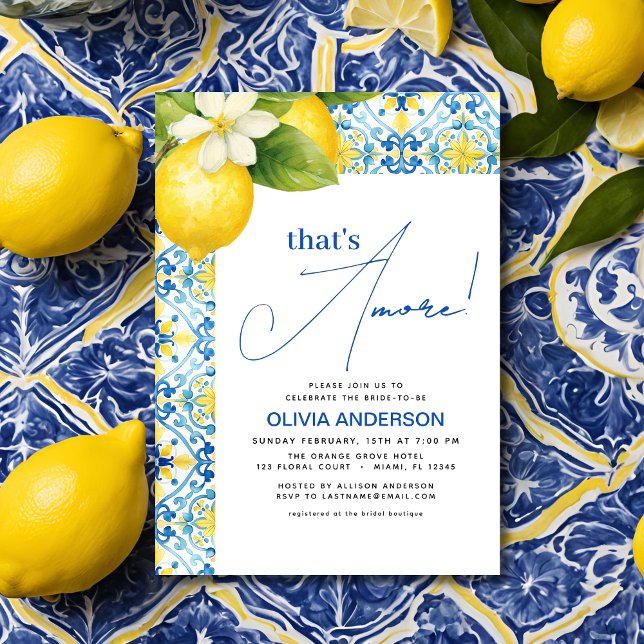 That's Amore Italian Lemon Blue Tile Bridal Shower Invitation (Creator Uploaded)