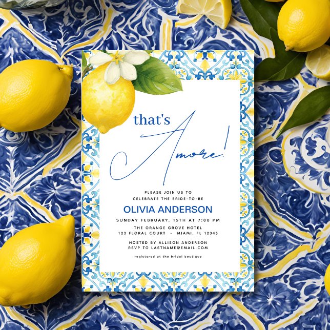 That's Amore Italian Lemon Blue Tile Bridal Shower Invitation (Creator Uploaded)
