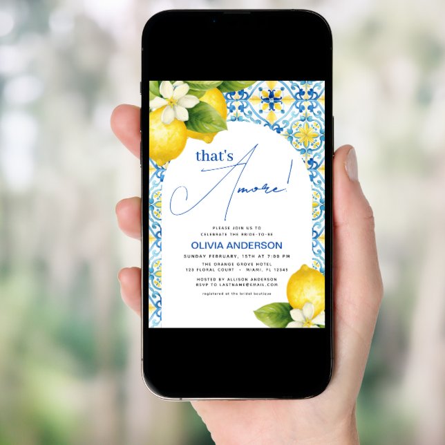 That's Amore Italian Lemon Blue Tile Bridal Shower Invitation (Front Digital)