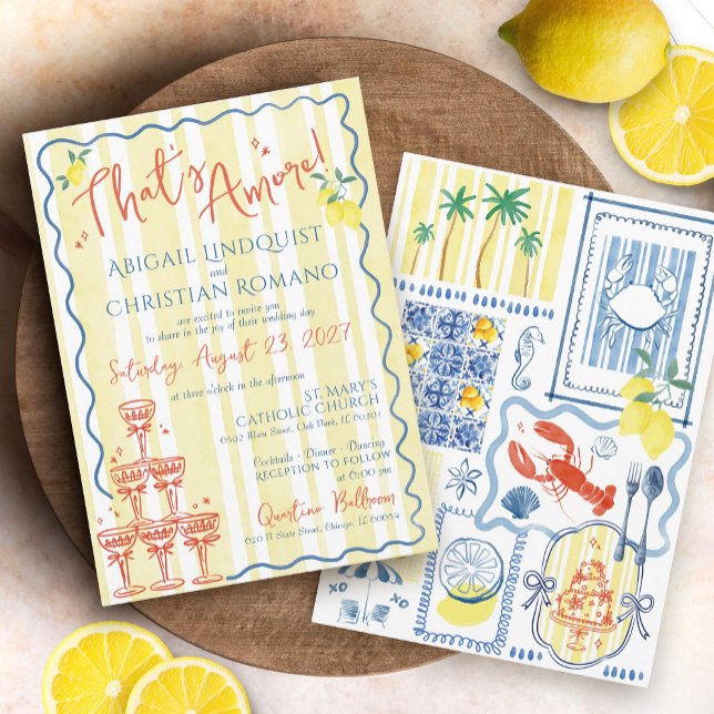 That's Amore Italian Lemons Blue Coastal Wedding Invitation (Hand drawn Italian blue and yellow striped coastal ocean mediterranean tiles lemon wedding invite)