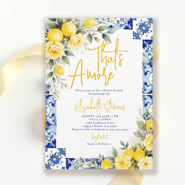 That's Amore Lemon and Blue Floral Bridal Shower  Invitation (thats amore bridal shower theme lemon and blue italian summer invitation yellow roses floral)