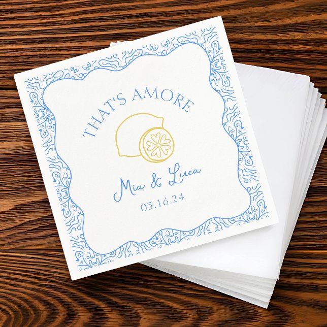 That's Amore Lemon Blue Tiles Amalfi Italy Wedding Napkins (Add a fun touch to your wedding with our 'That's Amore' lemon & blue tile personalized napkins,)