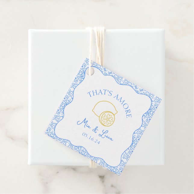 That's Amore Lemon Blue Tiles Personalized Wedding Favor Tags (In Situ)