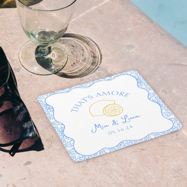 That's Amore Lemon Blue Tiles Personalized Wedding Square Paper Coaster ("Add playful charm to your wedding with 'That's Amore' lemon coasters, fully customizable with names)
