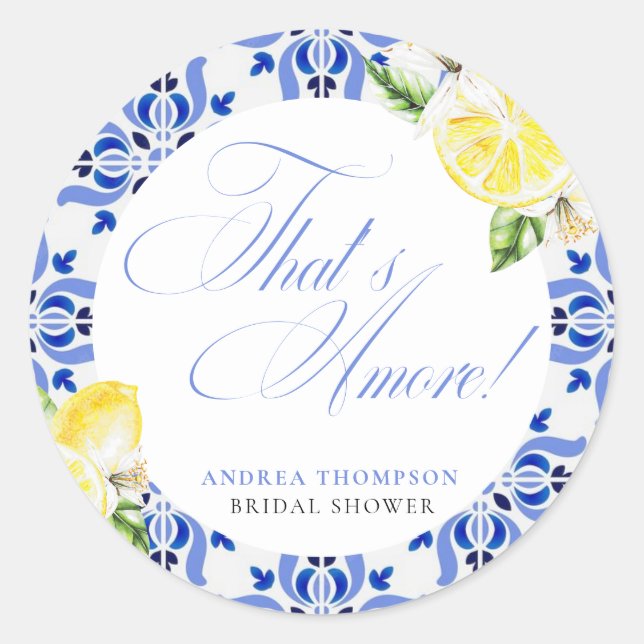 That's Amore Lemon Italian Blue Tile Bridal Shower Classic Round Sticker (Front)