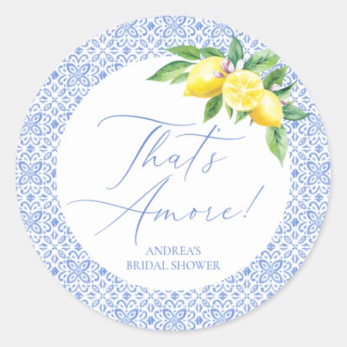 Thats Amore Lemon Italian Blue Tile Bridal Shower Classic Round Sticker