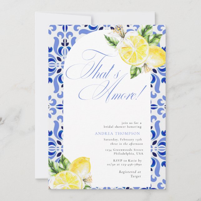 That's Amore Lemon Italian Blue Tile Bridal Shower Invitation (Front)