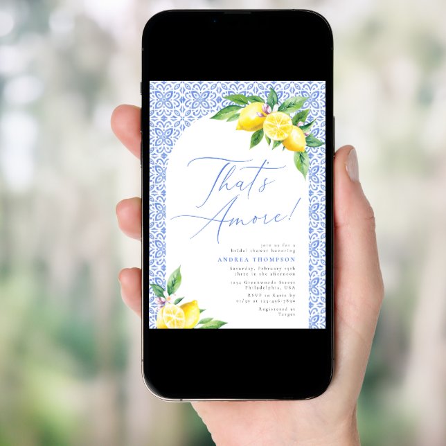 That's Amore Lemon Italian Blue Tile Bridal Shower Invitation (Front Digital)