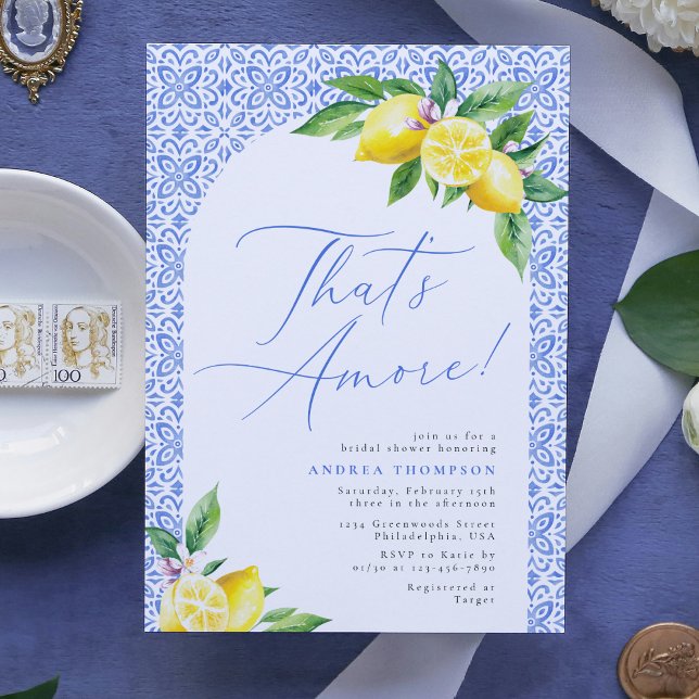 That's Amore Lemon Italian Blue Tile Bridal Shower Invitation (Creator Uploaded)