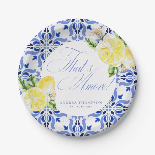 That's Amore Lemon Italian Blue Tile Bridal Shower Paper Plates (Front)