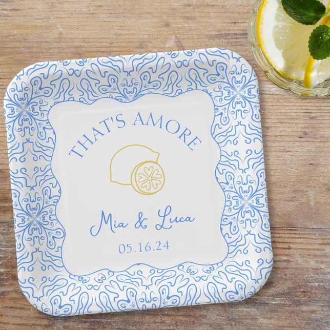 That's Amore Lemon Tiles Fun Mediterranean Wedding Paper Plates (Add a playful touch to your wedding with these personalized 'That's Amore' lemon paper plates.)