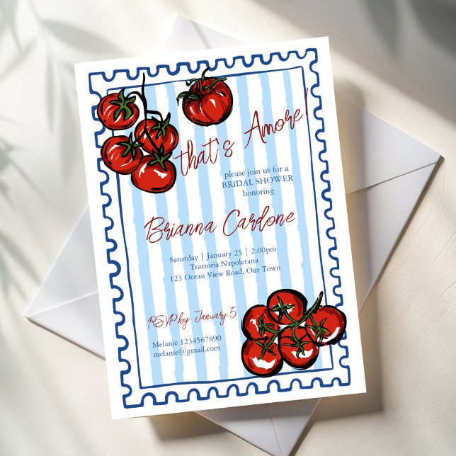 That's amore tomato blue Italian bridal shower Invitation (That's amore tomato blue stripes post stamp Italian bridal shower Invitation cards template)