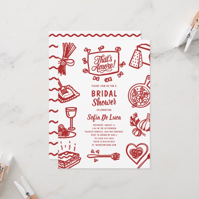 That's Amore Whimsical Pasta Bridal Shower Invitation (Front/Back In Situ)