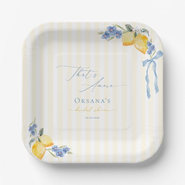 That's Amore Yellow Stripes Italian Bridal Shower Paper Plates (Front)