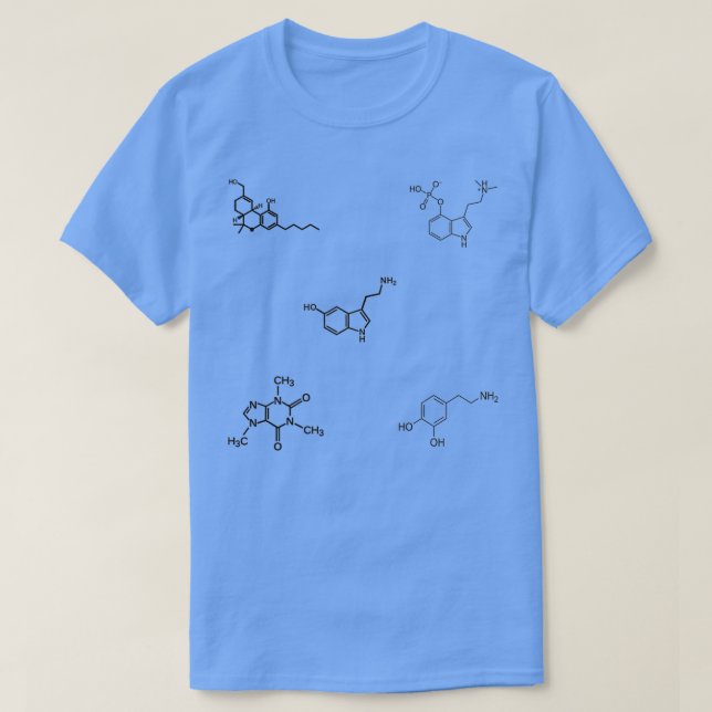 THC Psilocybin Caffeine Serotonin Dopamine Molecul T-Shirt (Design Front)