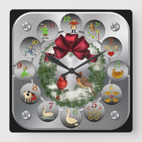 The 12 Days Of Christmas  Cardinals Wreath  Square Wall Clock
