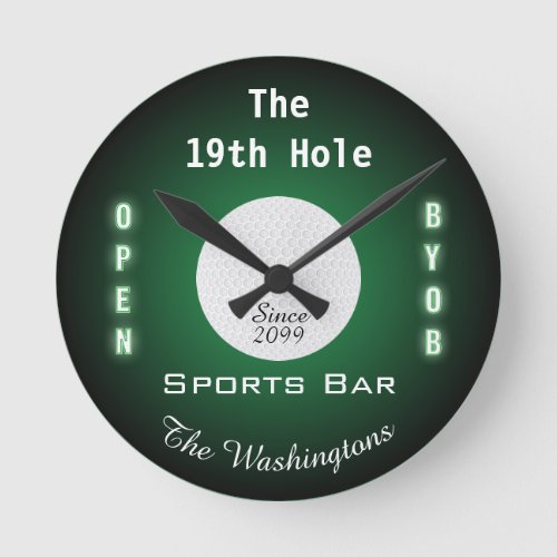 The 19th Hole Golf Golfers Sports Bar Wall Clock