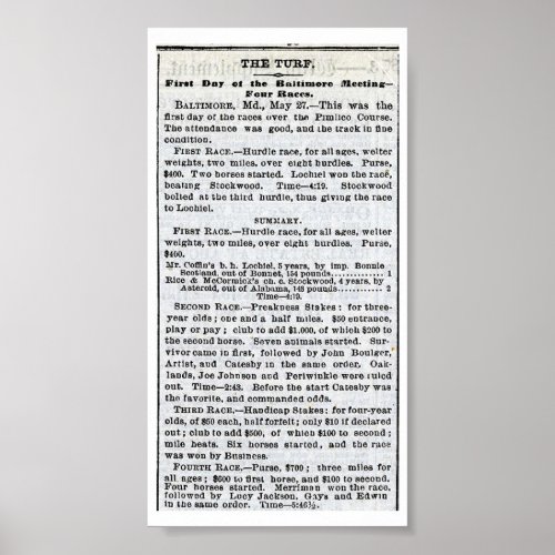 The 1st Preakness _  New York Times May 28 1873 Poster