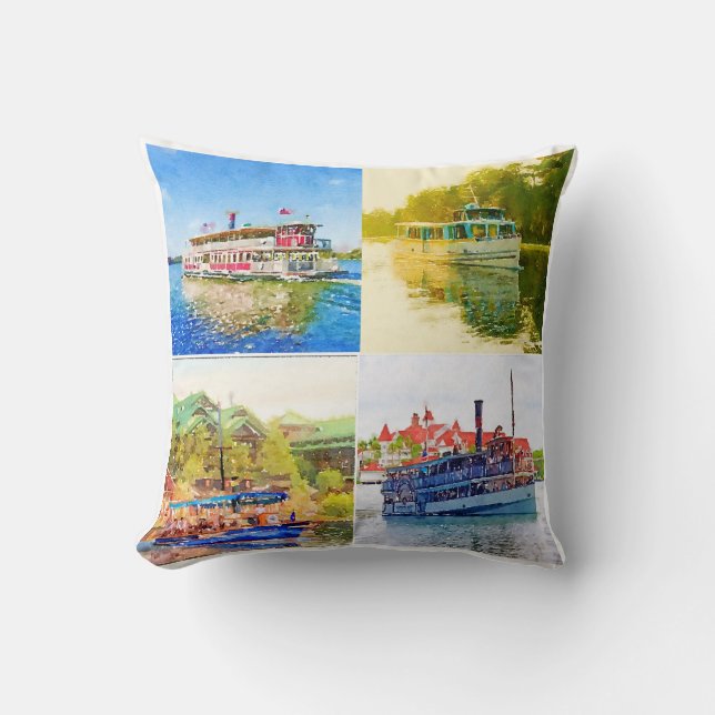 The 4 boats of Bay Lake Throw Pillow (Front)