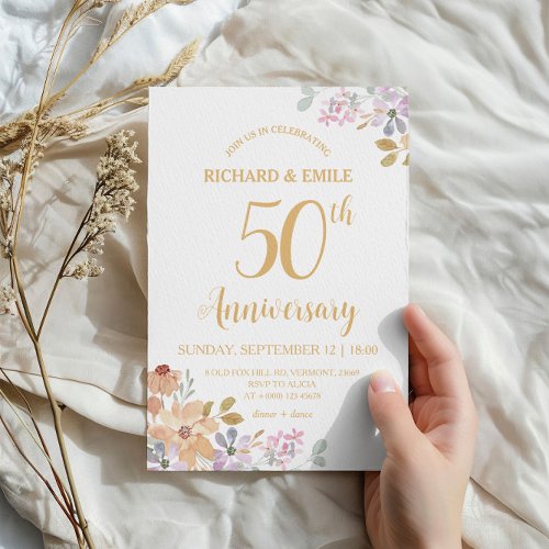 The 50th Wedding Photo Watercolor Flower Invitation
