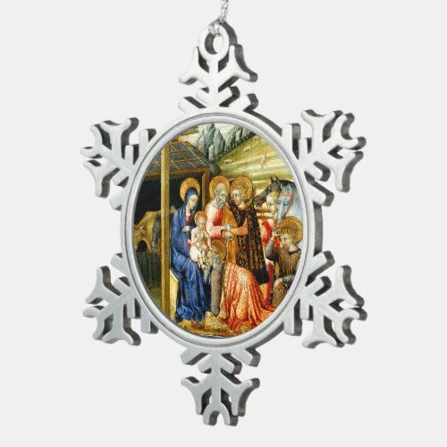 The Adoration of the Magi by Giovanni di Paolo Snowflake Pewter Christmas Ornament