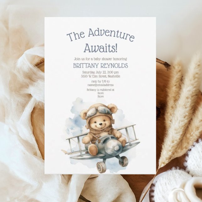 The Adventure Awaits Airplane Bear Baby Shower Invitation (Creator Uploaded)