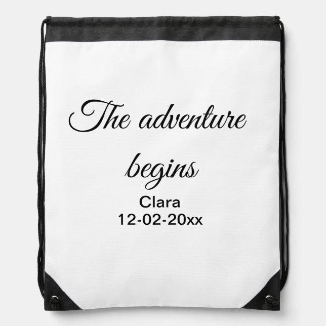 The adventure begins add name date year place drawstring bag (Front)