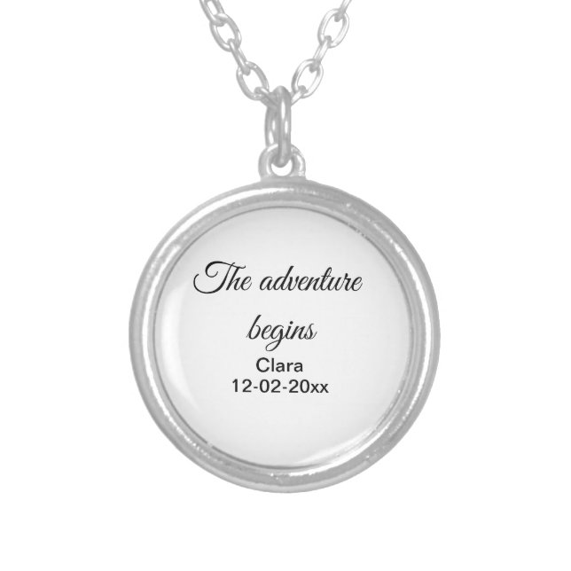 The adventure begins add name date year place silver plated necklace (Front)