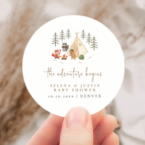 The Adventure Begins Animals Camping Baby Shower Classic Round Sticker