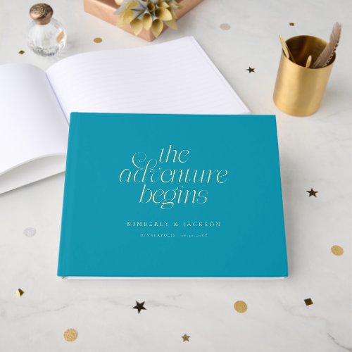The Adventure Begins Aqua Blue Wedding Guest Book