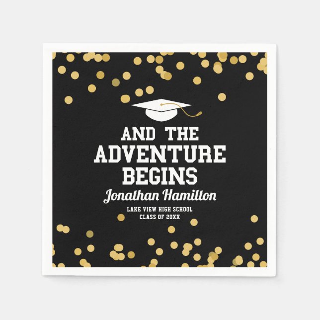 The Adventure Begins Black Gold Grad Party Napkins (Front)