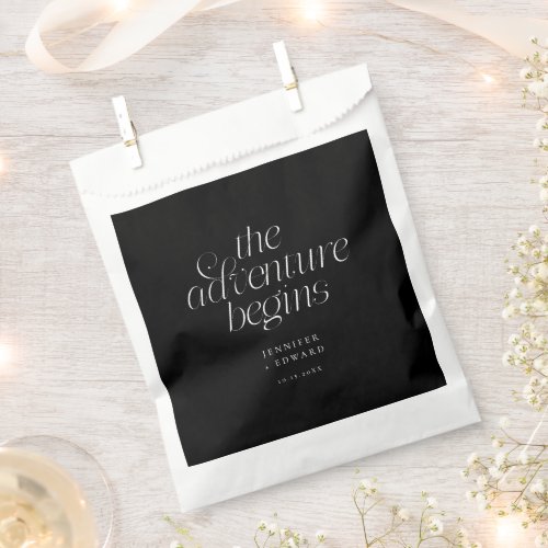 The Adventure Begins Black Minimalist Wedding Favor Bag