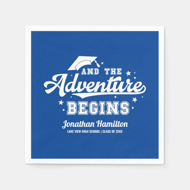 The Adventure Begins Blue Graduation Party  Napkins (Front)