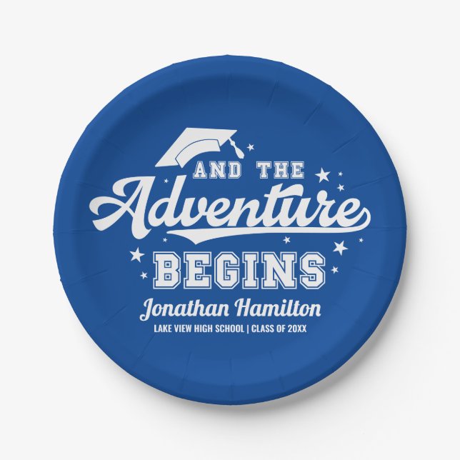 The Adventure Begins Blue Graduation Party  Paper Plates (Front)