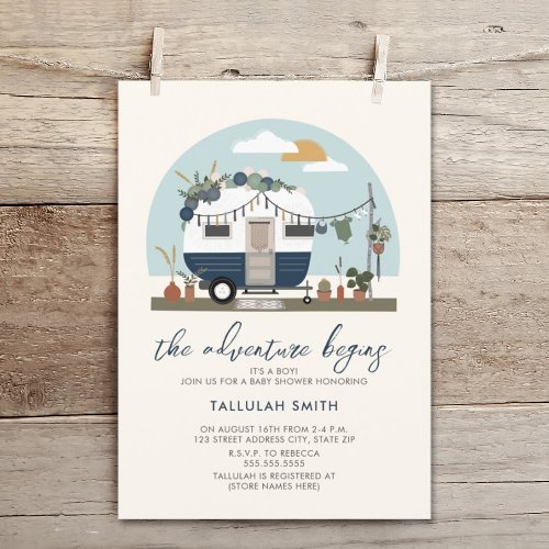 The Adventure Begins Boho Blue Camper Baby Shower  Invitation