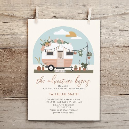 The Adventure Begins Boho  Pink Camper Baby Shower Invitation