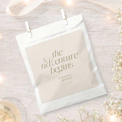 The Adventure Begins Cream Minimalist Wedding Favor Bag