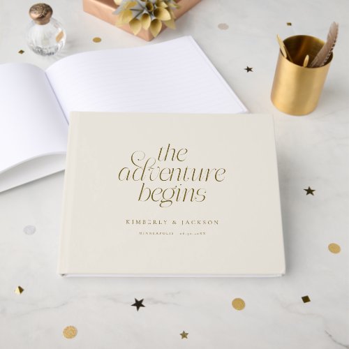 The Adventure Begins Cream Wedding Guest Book